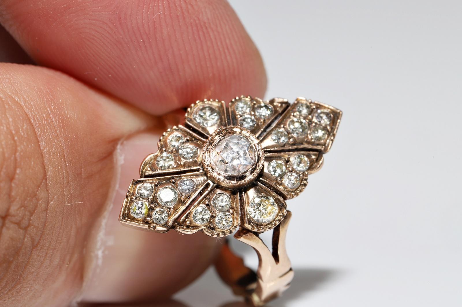 Antique Circa 1900s 14k Gold Natural Diamond Decorated Navette Ring  4