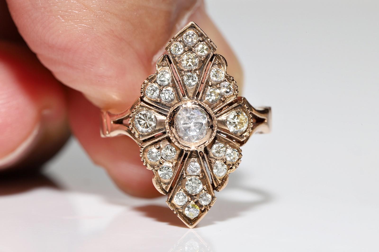 In very good condition. About 120 years old real antique.
Total weight is 4.1 grams. 
Solid 14k gold with properly hallmarked images attached.
The main stone is 0.15 ct rose cut natural diamond.
There are 24 brillant cut natural diamonds around the