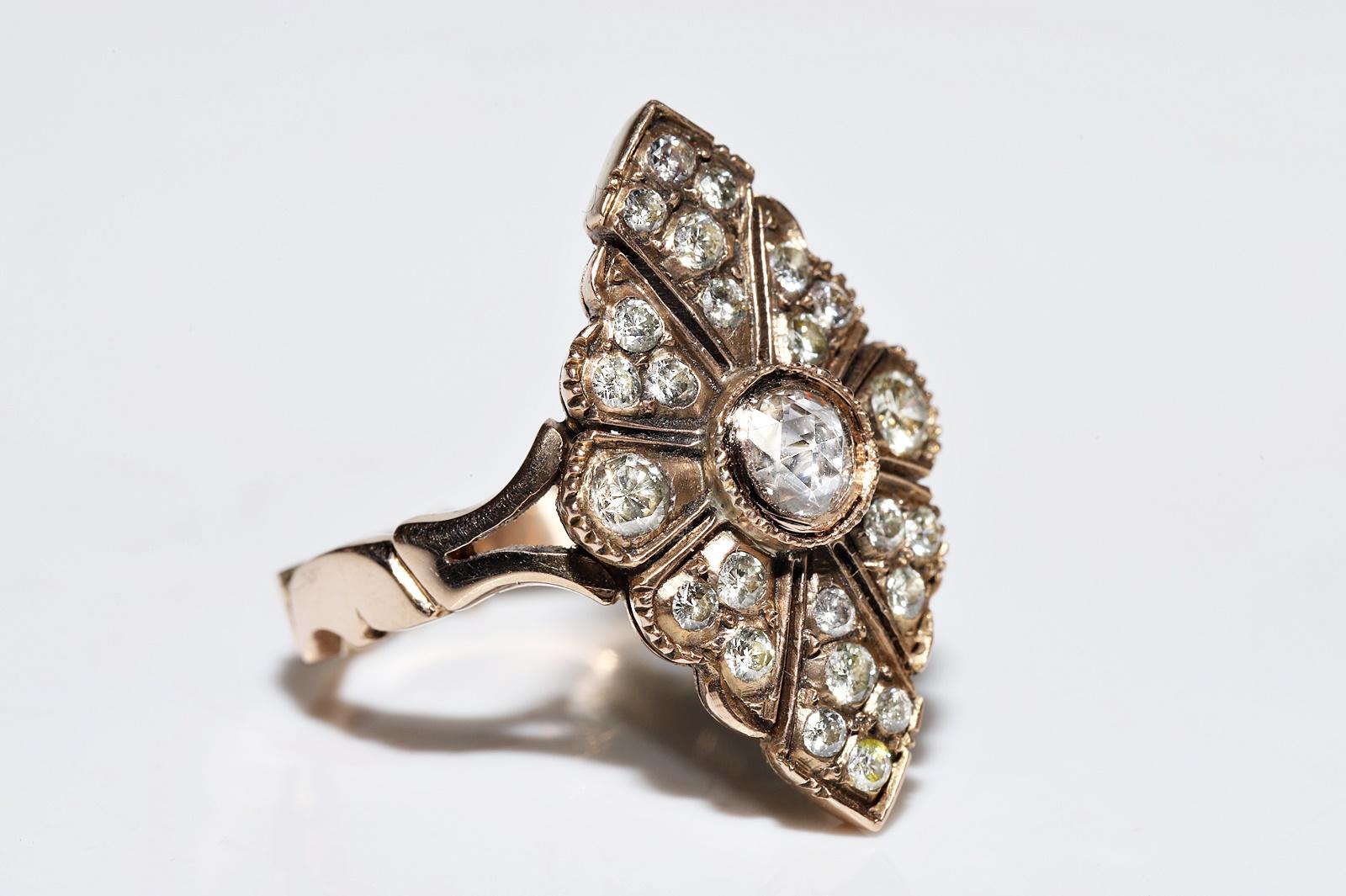 Rose Cut Antique Circa 1900s 14k Gold Natural Diamond Decorated Navette Ring 