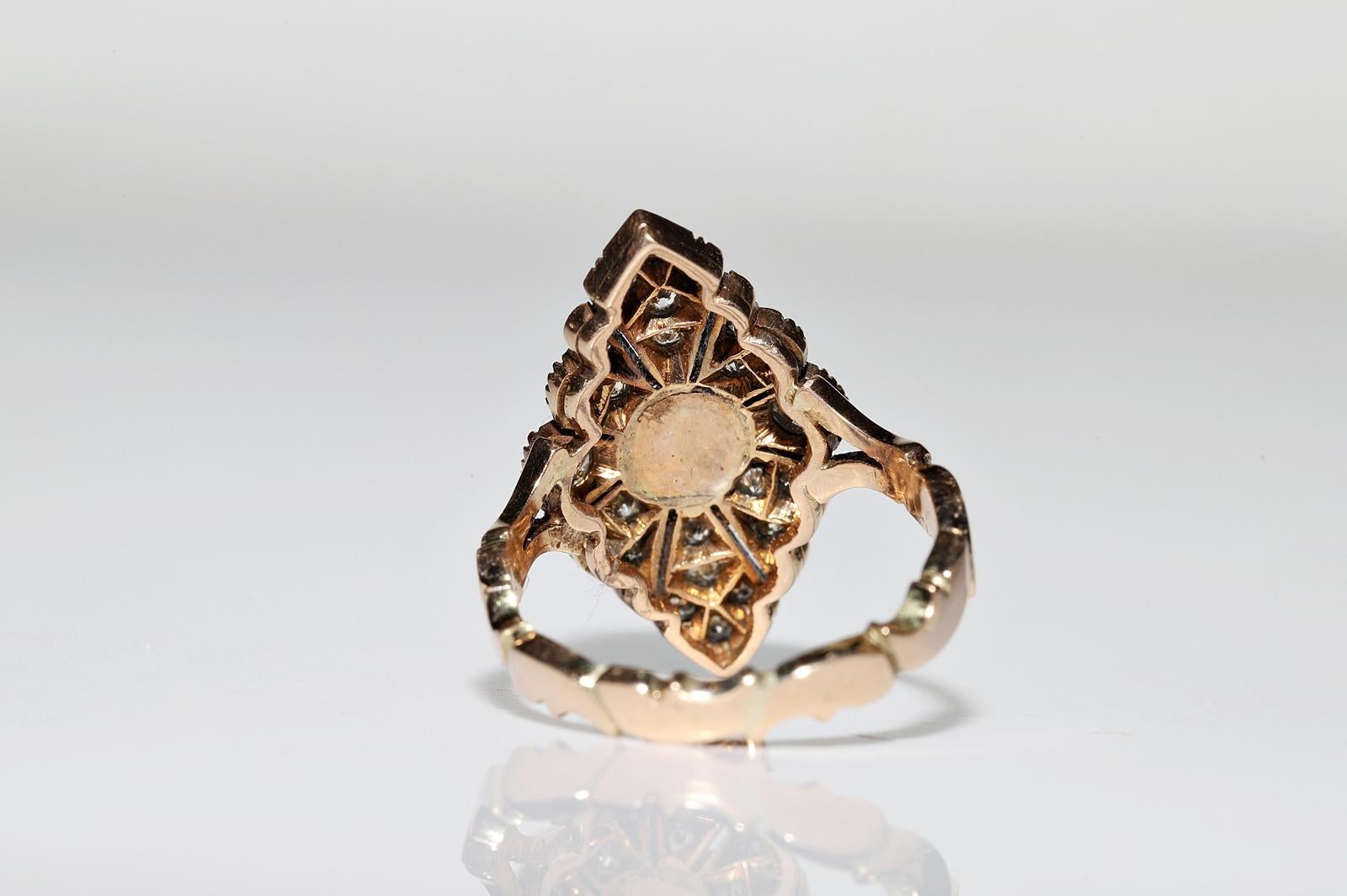 Women's Antique Circa 1900s 14k Gold Natural Diamond Decorated Navette Ring 