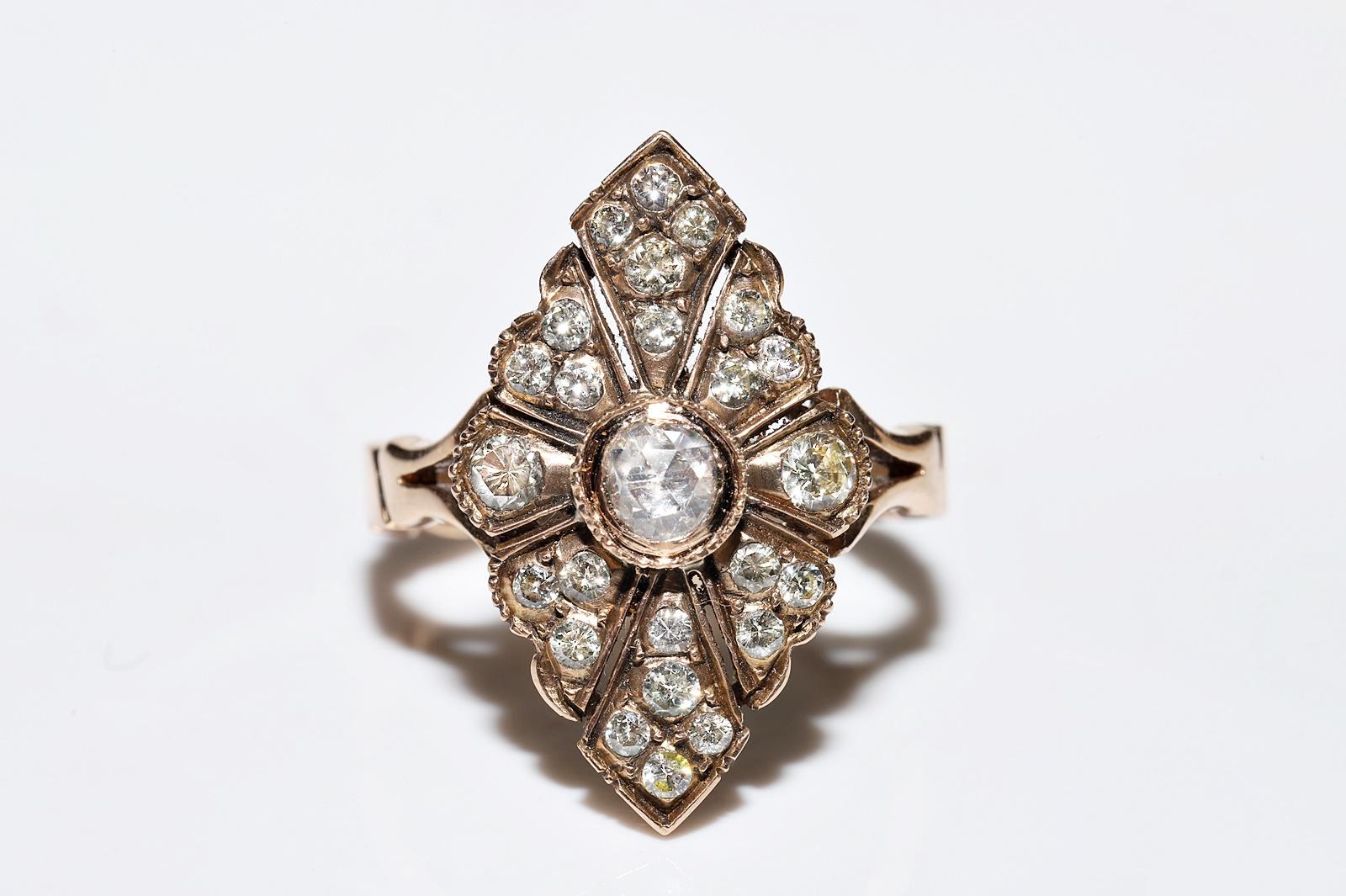 Antique Circa 1900s 14k Gold Natural Diamond Decorated Navette Ring  2