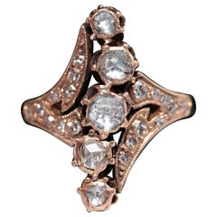 Antique Circa 1900s 14k Gold Natural Diamond Decorated Navette Ring