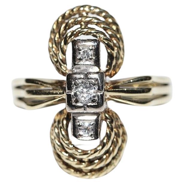 Antique Circa 1900s 14k Gold Natural Diamond Decorated Navette Ring