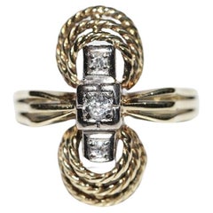 Antique Circa 1900s 14k Gold Natural Diamond Decorated Navette Ring