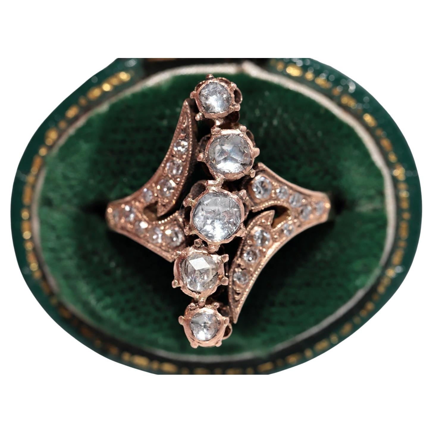 Antiker 14k Gold natürlicher Diamant-Dekorierter Navette-Ring, um 1900er Jahre