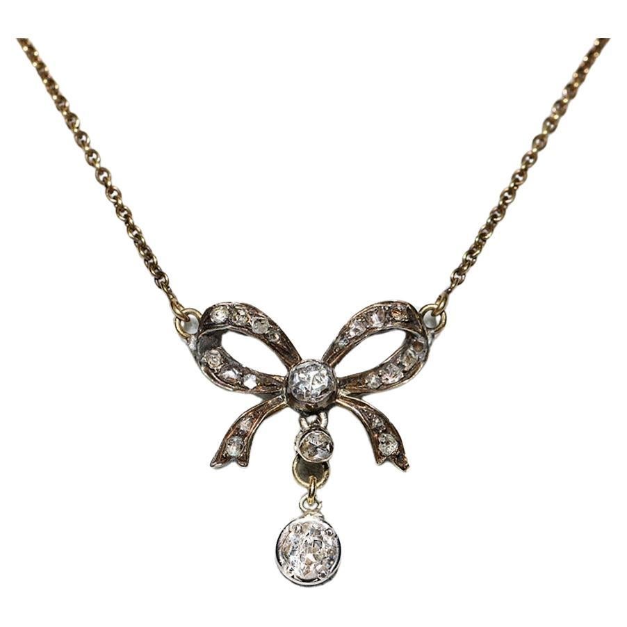 Antique Circa 1900s 14k Gold Natural Diamond Decorated Pretty Necklace For Sale