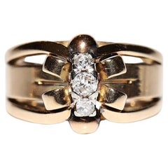 Ancienne bague solide en or 14 carats décorée de diamants naturels, datant des années 1900