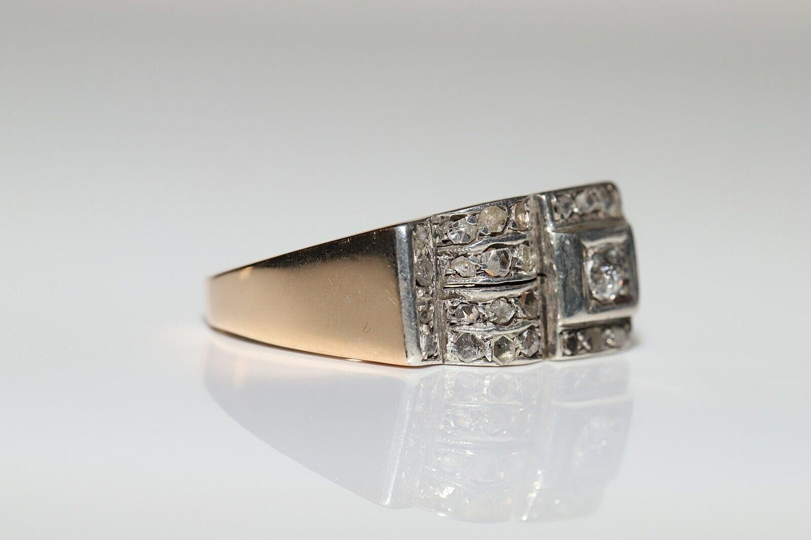 Antique Circa 1900s 14k Gold Top Silver Natural Diamond Decorated Tank Ring  For Sale 8