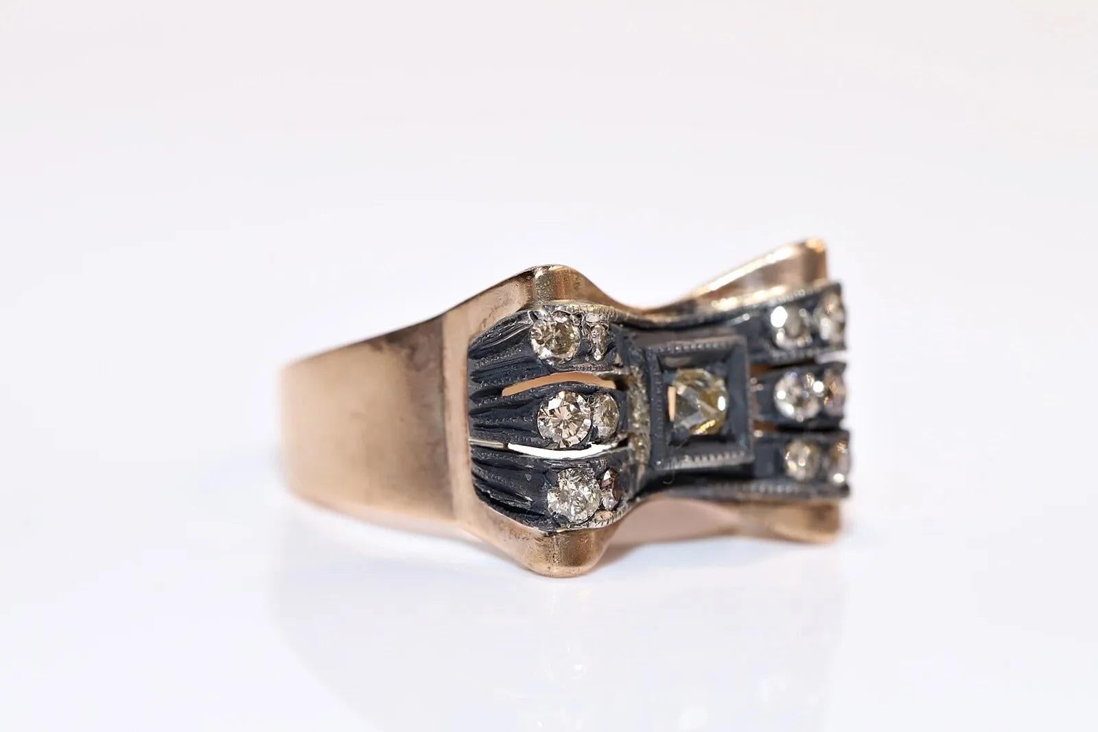 Brilliant Cut Antique Circa 1900s 14k Gold Natural Diamond Decorated Tank Ring  For Sale