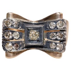 Antico anello da serbatoio decorato con diamanti naturali in oro 14k del 1900 CIRCA