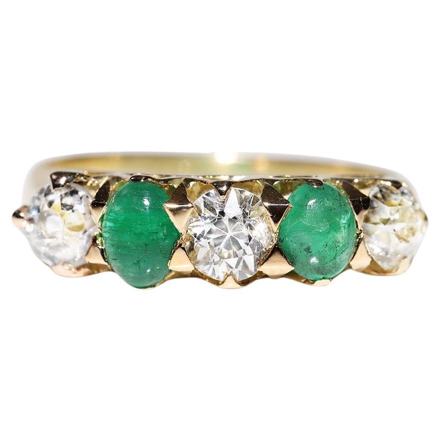 Antiguo Circa 1900s 14k Oro Natural Corte Antiguo Diamante Y Cabujón  Anillo de esmeralda