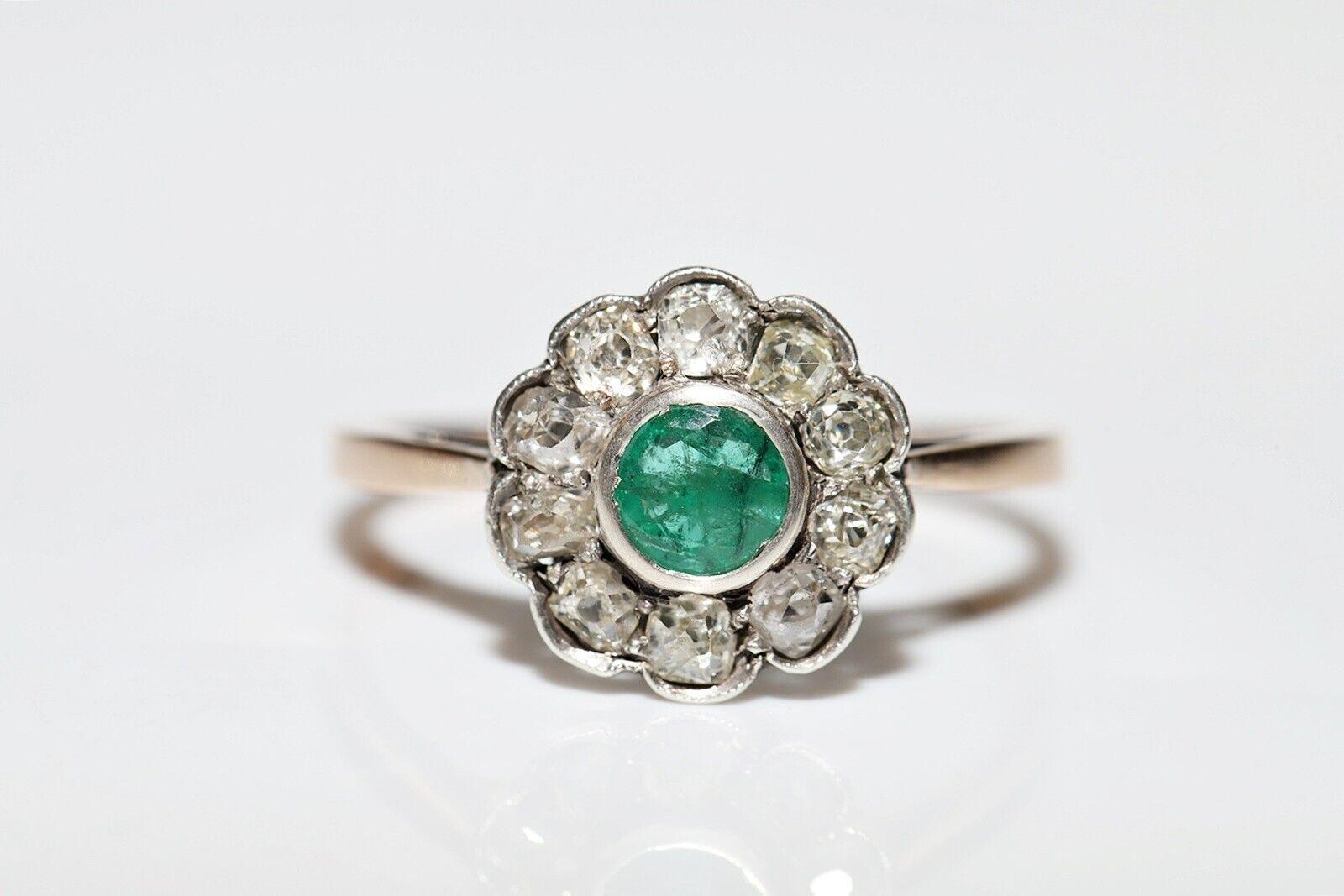 Antique Circa 1900s 14k Gold Natural Old Cut Diamond And Emerald Ring  For Sale 6