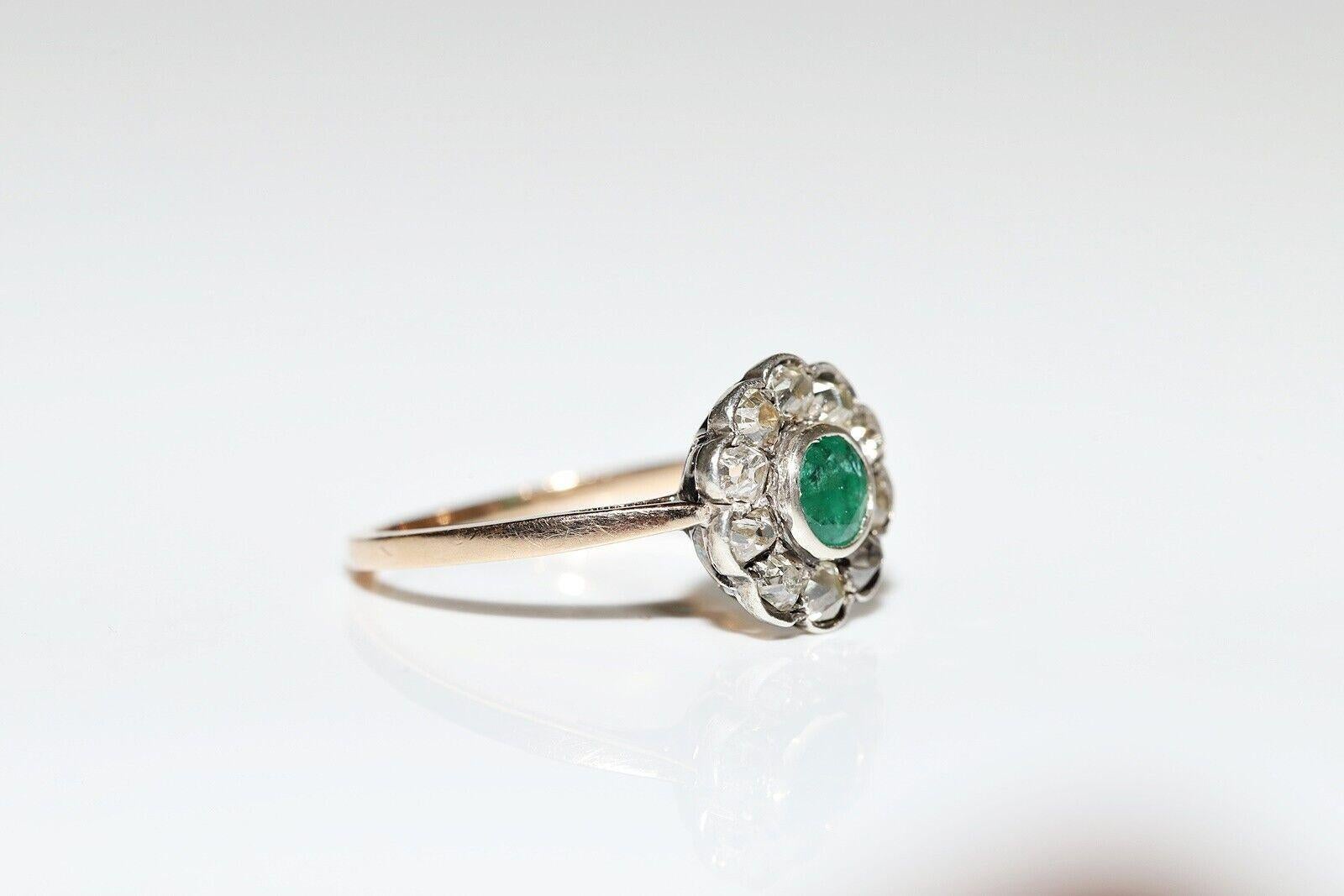 Antique Circa 1900s 14k Gold Natural Old Cut Diamond And Emerald Ring  For Sale 7