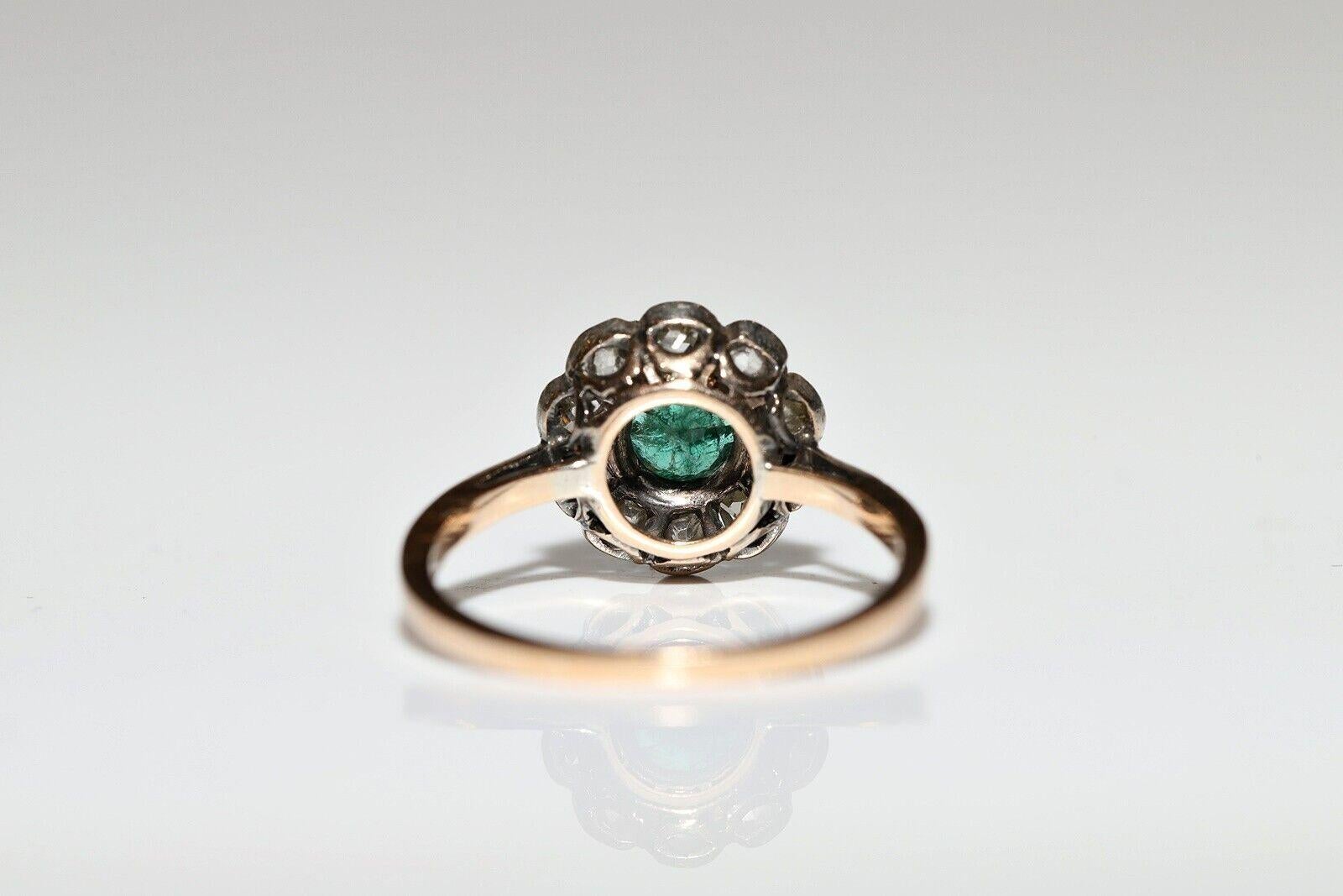 Old European Cut Antique Circa 1900s 14k Gold Natural Old Cut Diamond And Emerald Ring  For Sale