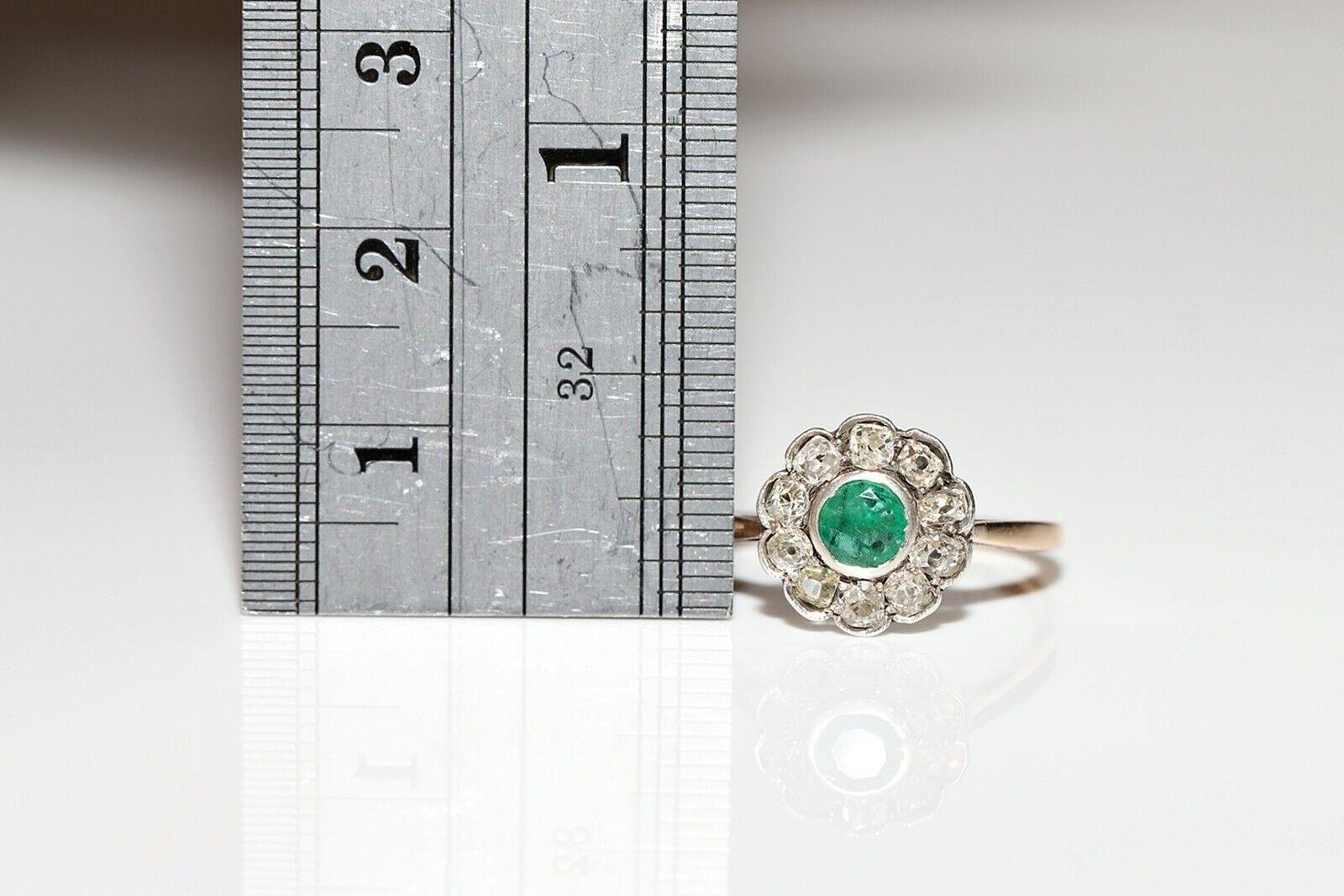 Antique Circa 1900s 14k Gold Natural Old Cut Diamond And Emerald Ring  In Good Condition For Sale In Fatih/İstanbul, 34