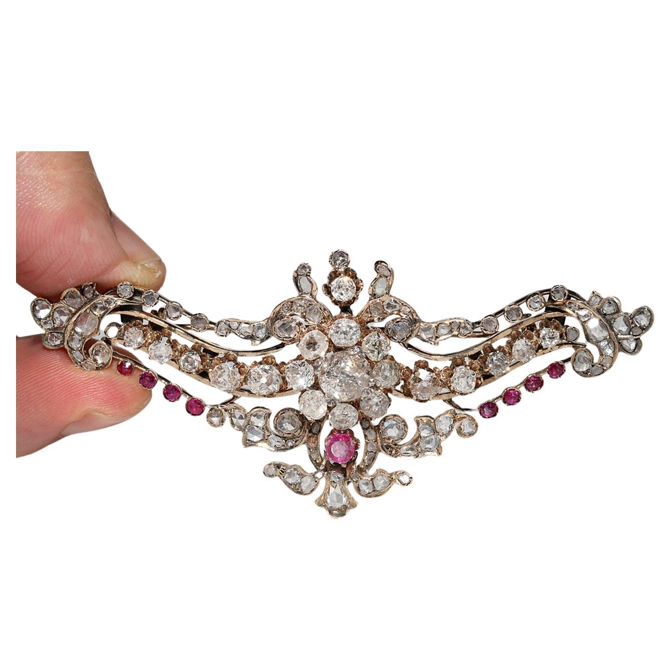 Antique Circa 1900s 14k Gold Natural Old Cut Diamond And Ruby Brooch