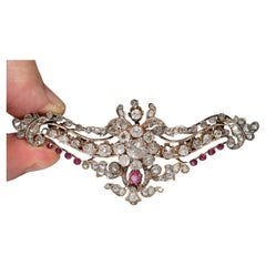Antique Circa 1900s 14k Gold Natural Old Cut Diamond And Ruby Brooch