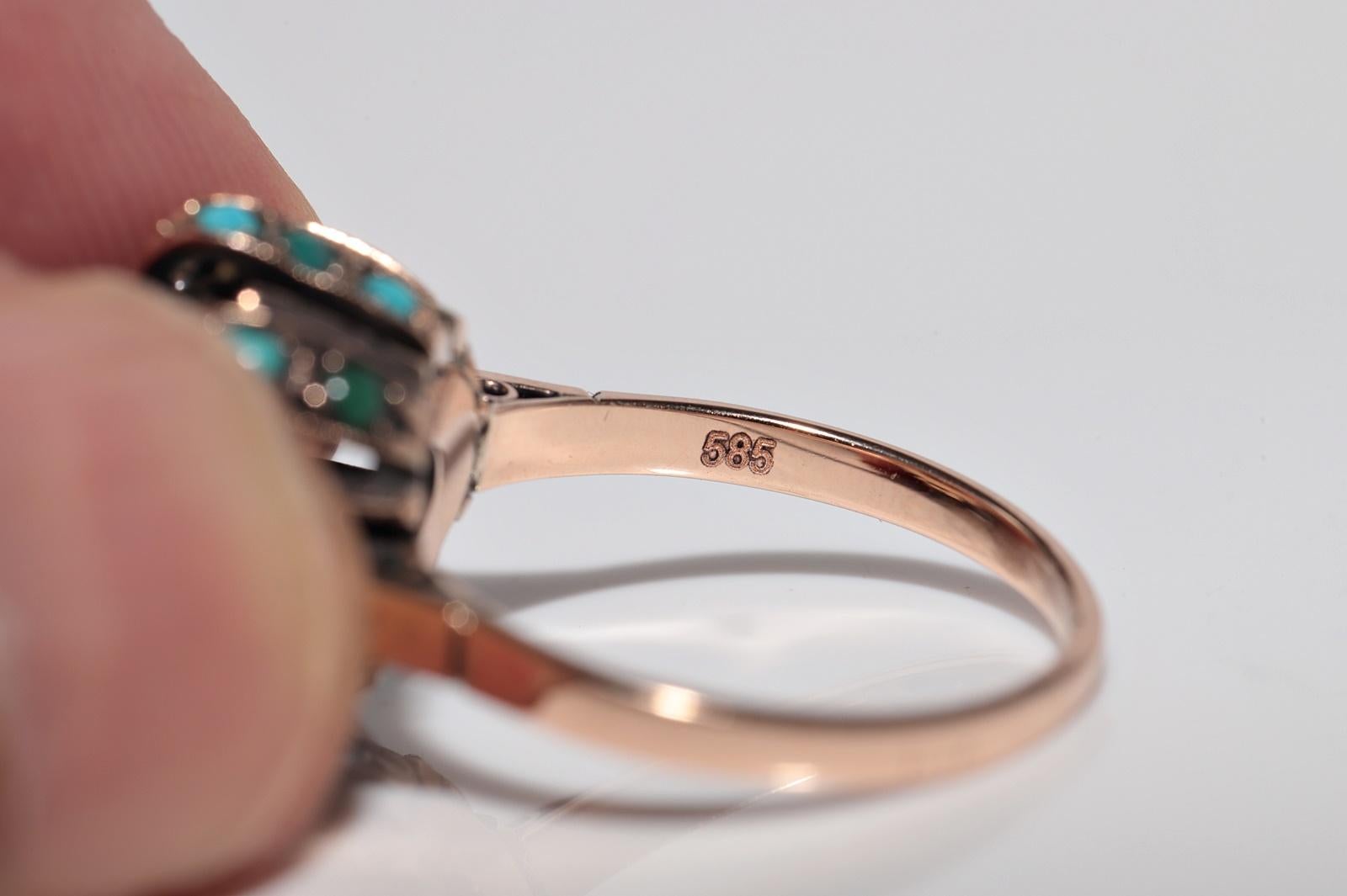 Antiker Ring aus 14 Karat Gold mit Diamanten im natürlichen Altschliff und Türkis im Altschliff, um 1900 im Angebot 4
