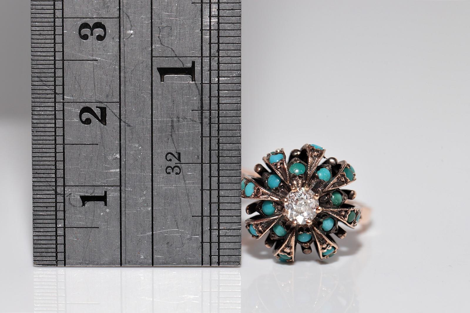 Antiker Ring aus 14 Karat Gold mit Diamanten im natürlichen Altschliff und Türkis im Altschliff, um 1900 im Angebot 5