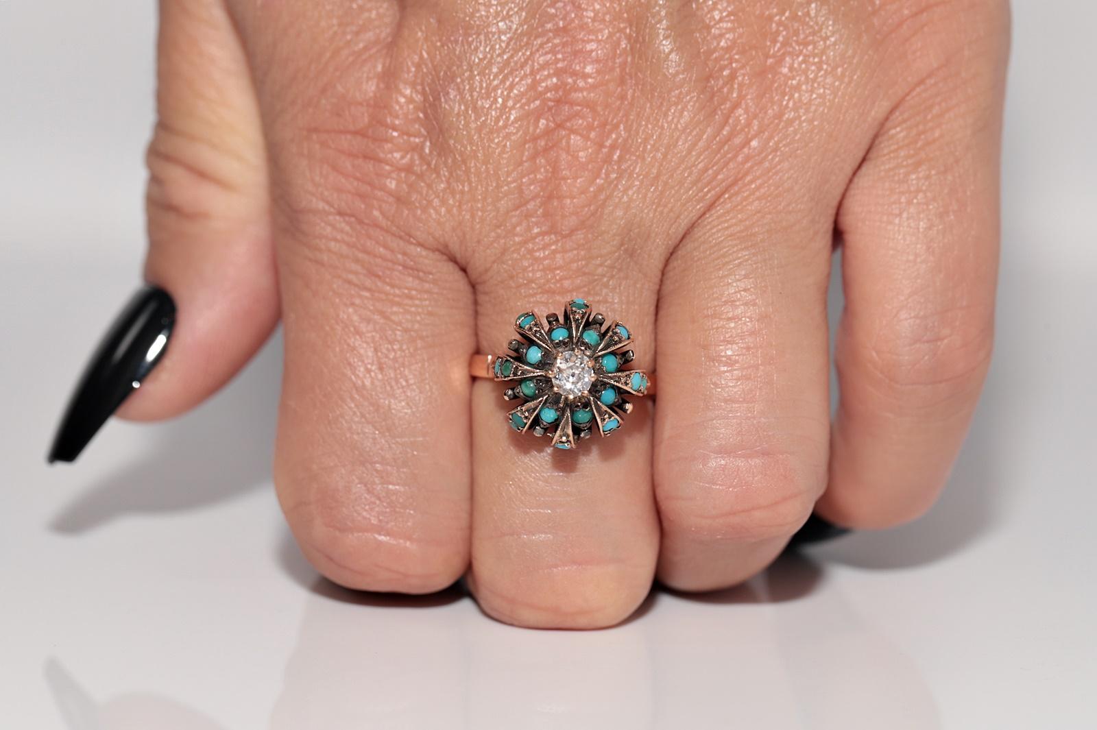 Antiker Ring aus 14 Karat Gold mit Diamanten im natürlichen Altschliff und Türkis im Altschliff, um 1900 im Angebot 8