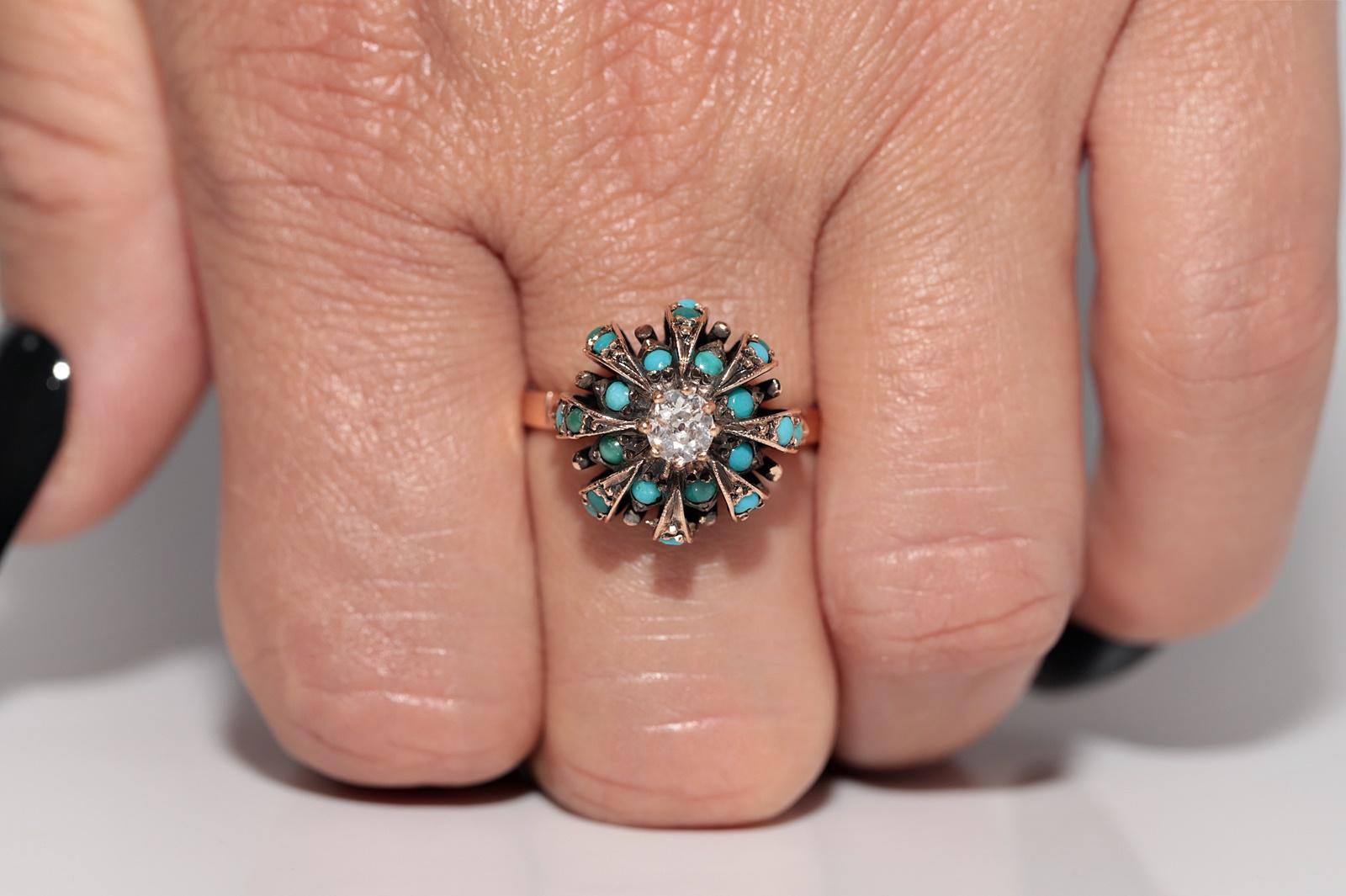 Antiker Ring aus 14 Karat Gold mit Diamanten im natürlichen Altschliff und Türkis im Altschliff, um 1900 im Angebot 9