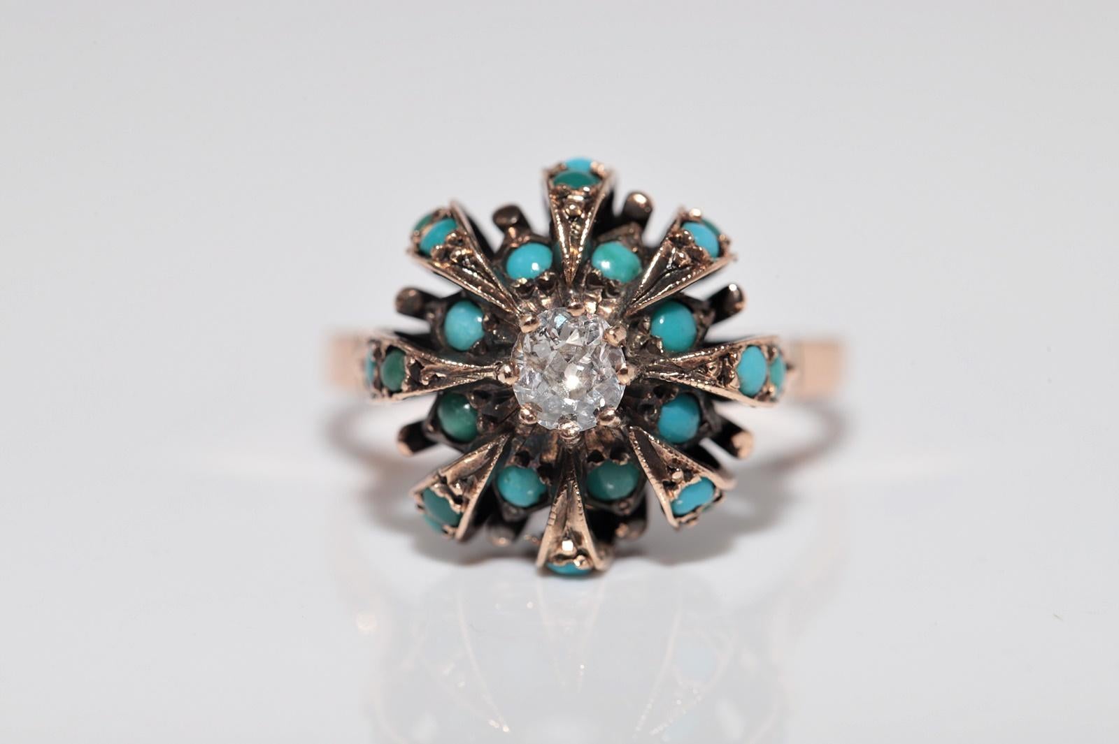 Antiker Ring aus 14 Karat Gold mit Diamanten im natürlichen Altschliff und Türkis im Altschliff, um 1900 (Alteuropäischer Brillantschliff) im Angebot
