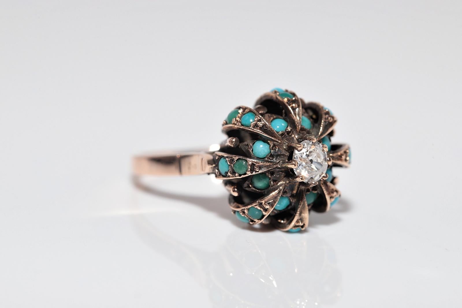 Antiker Ring aus 14 Karat Gold mit Diamanten im natürlichen Altschliff und Türkis im Altschliff, um 1900 im Zustand „Gut“ im Angebot in Fatih/İstanbul, 34