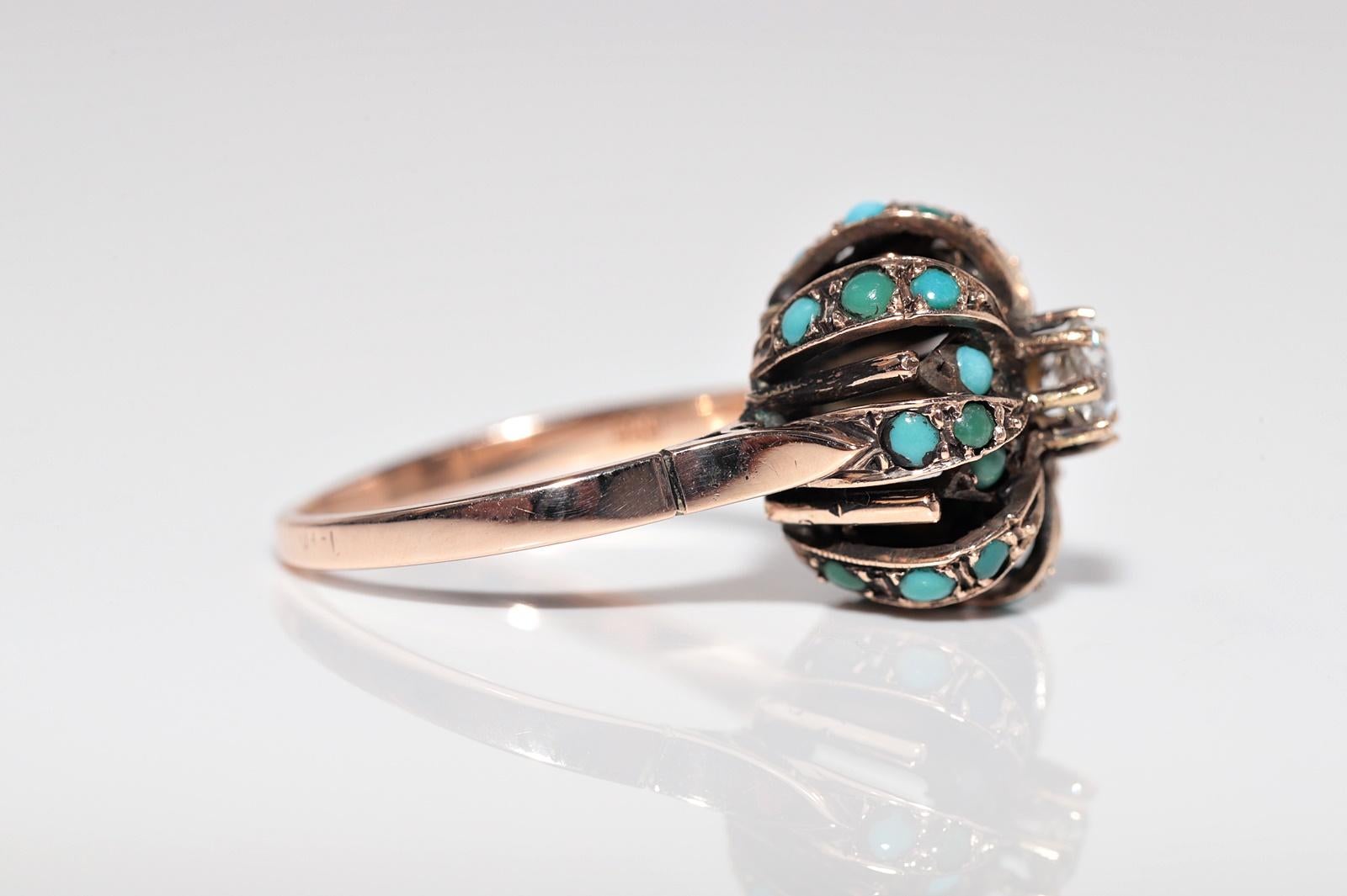 Antiker Ring aus 14 Karat Gold mit Diamanten im natürlichen Altschliff und Türkis im Altschliff, um 1900 Damen im Angebot