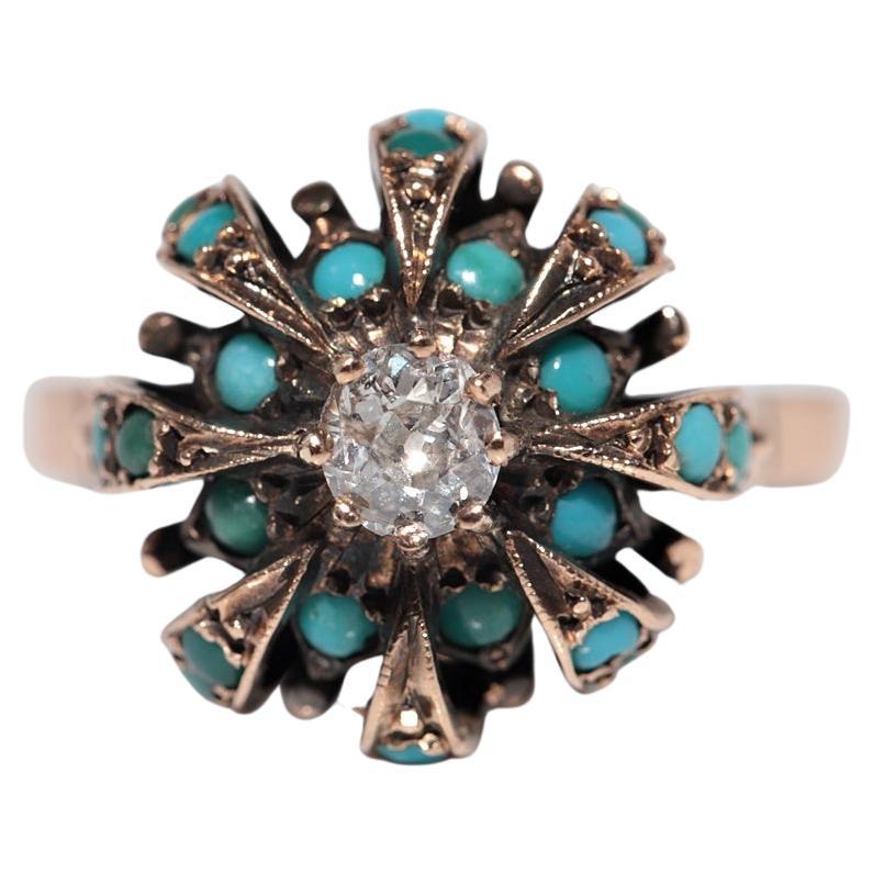 Antiker Ring aus 14 Karat Gold mit Diamanten im natürlichen Altschliff und Türkis im Altschliff, um 1900 im Angebot