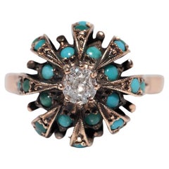 Antiker Ring aus 14 Karat Gold mit Diamanten im natürlichen Altschliff und Türkis im Altschliff, um 1900