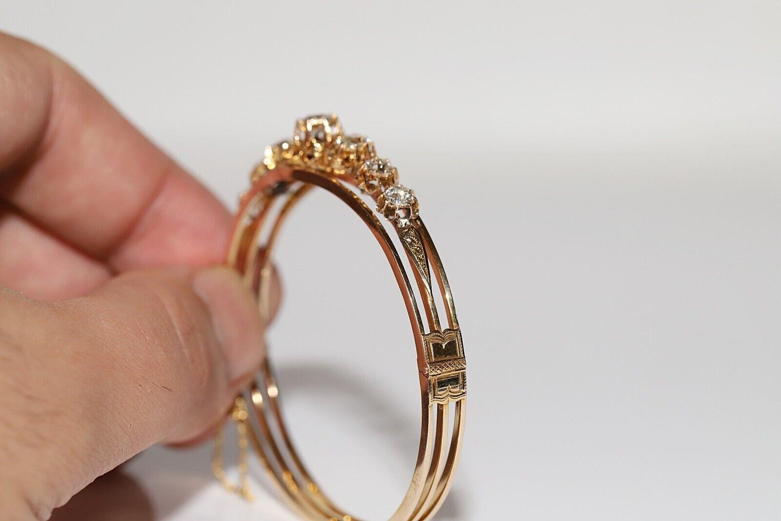 Antique Circa 1900s 14k Gold Natural Old Cut Diamond Decorated Bangle Bracelet For Sale 4