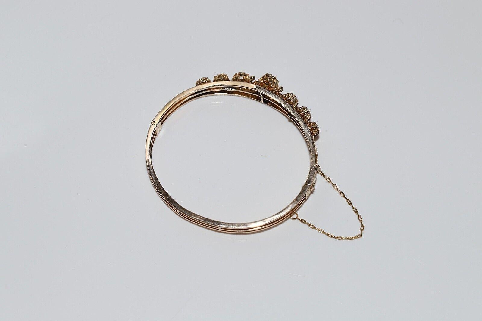 Antique Circa 1900s 14k Gold Natural Old Cut Diamond Decorated Bangle Bracelet For Sale 6