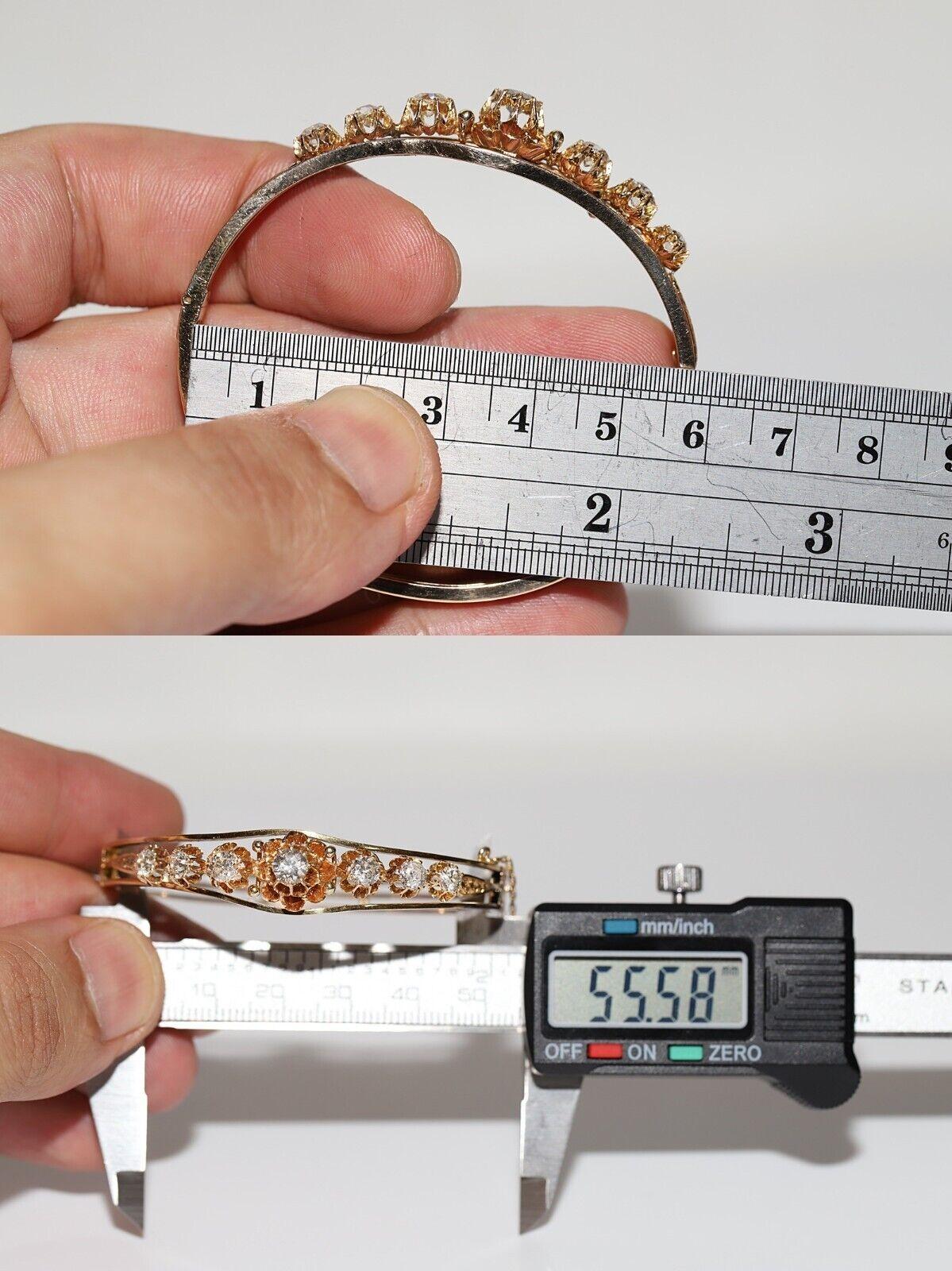 Antique Circa 1900s 14k Gold Natural Old Cut Diamond Decorated Bangle Bracelet For Sale 7