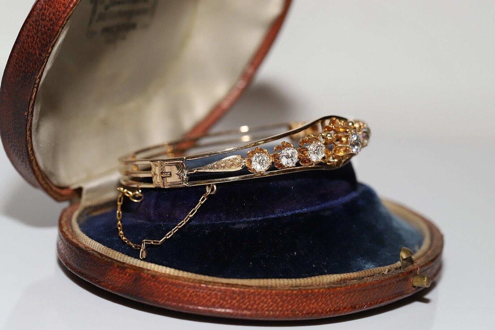 Old European Cut Antique Circa 1900s 14k Gold Natural Old Cut Diamond Decorated Bangle Bracelet For Sale