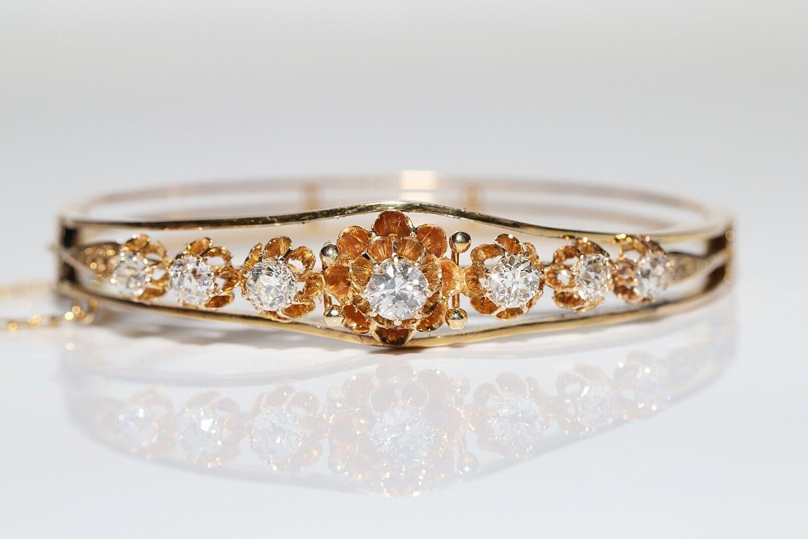 Antique Circa 1900s 14k Gold Natural Old Cut Diamond Decorated Bangle Bracelet In Good Condition For Sale In Fatih/İstanbul, 34