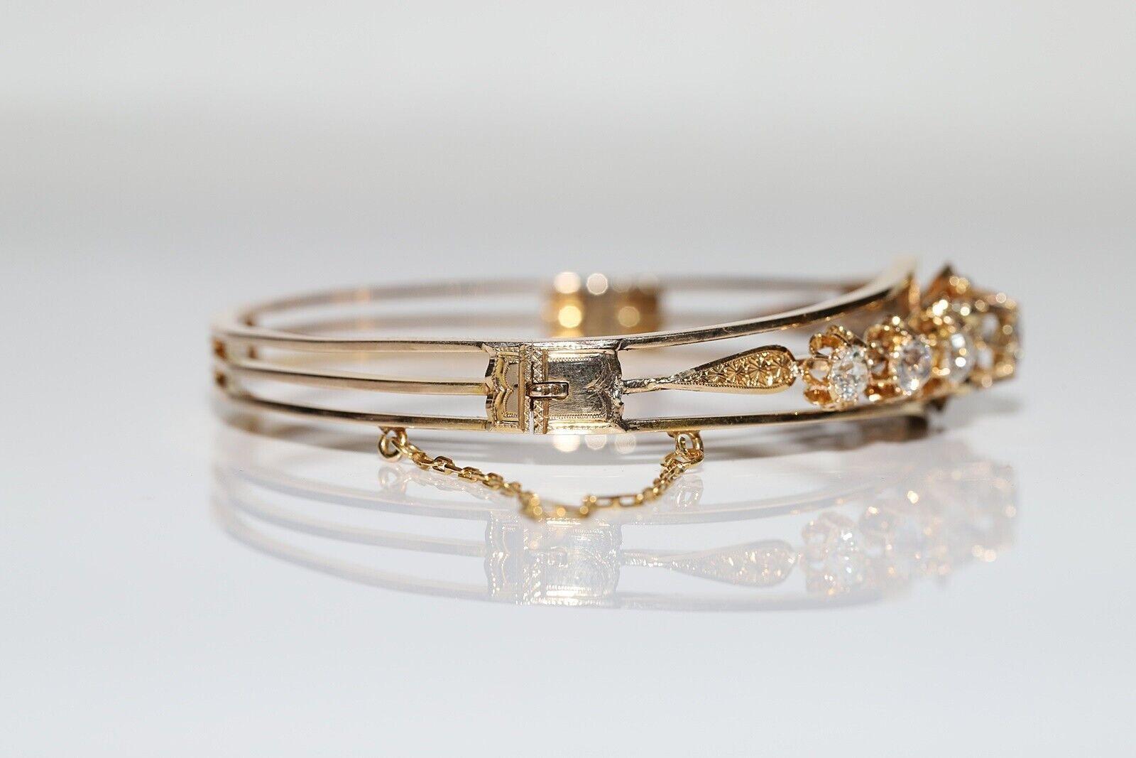 Women's Antique Circa 1900s 14k Gold Natural Old Cut Diamond Decorated Bangle Bracelet For Sale