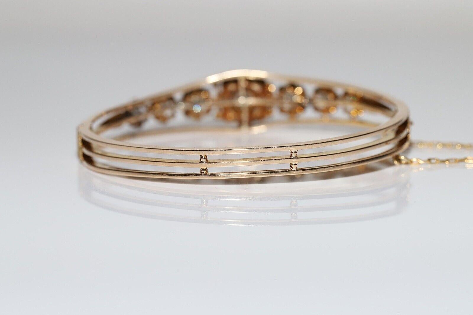 Antique Circa 1900s 14k Gold Natural Old Cut Diamond Decorated Bangle Bracelet For Sale 1