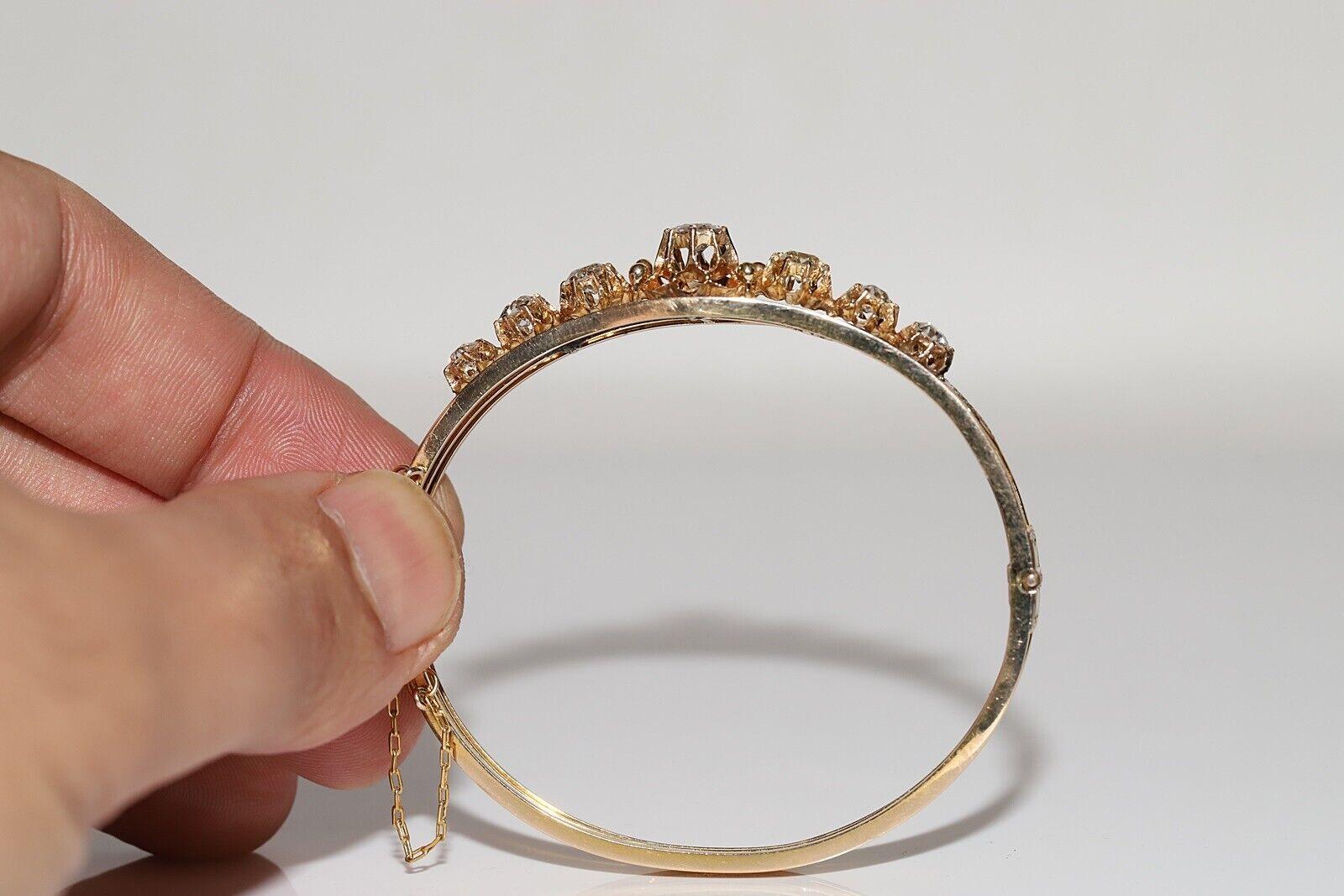 Antique Circa 1900s 14k Gold Natural Old Cut Diamond Decorated Bangle Bracelet For Sale 3