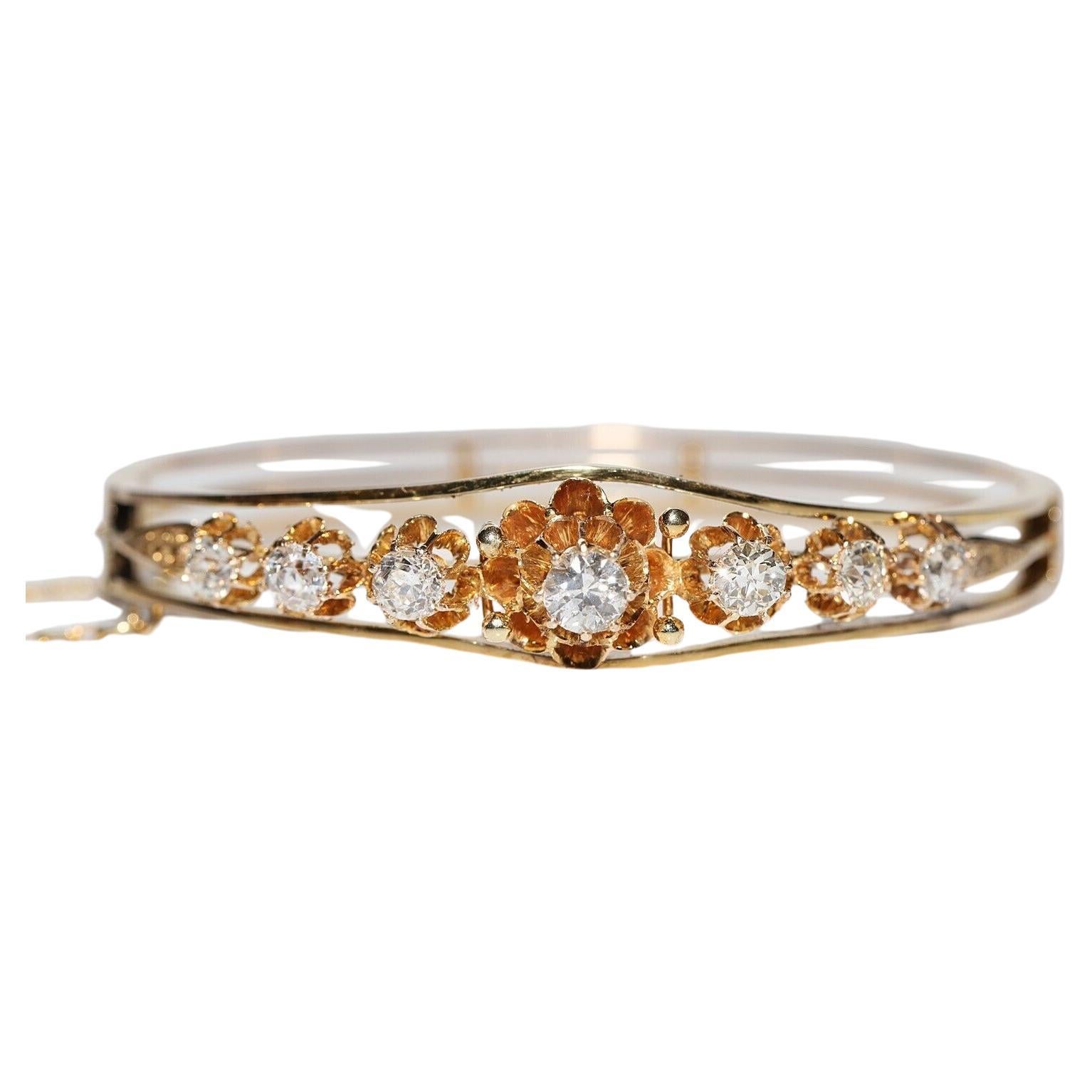 Antiker Armreif, um 1900er Jahre, 14k Gold, natürlicher Diamant im Altschliff, dekoriert