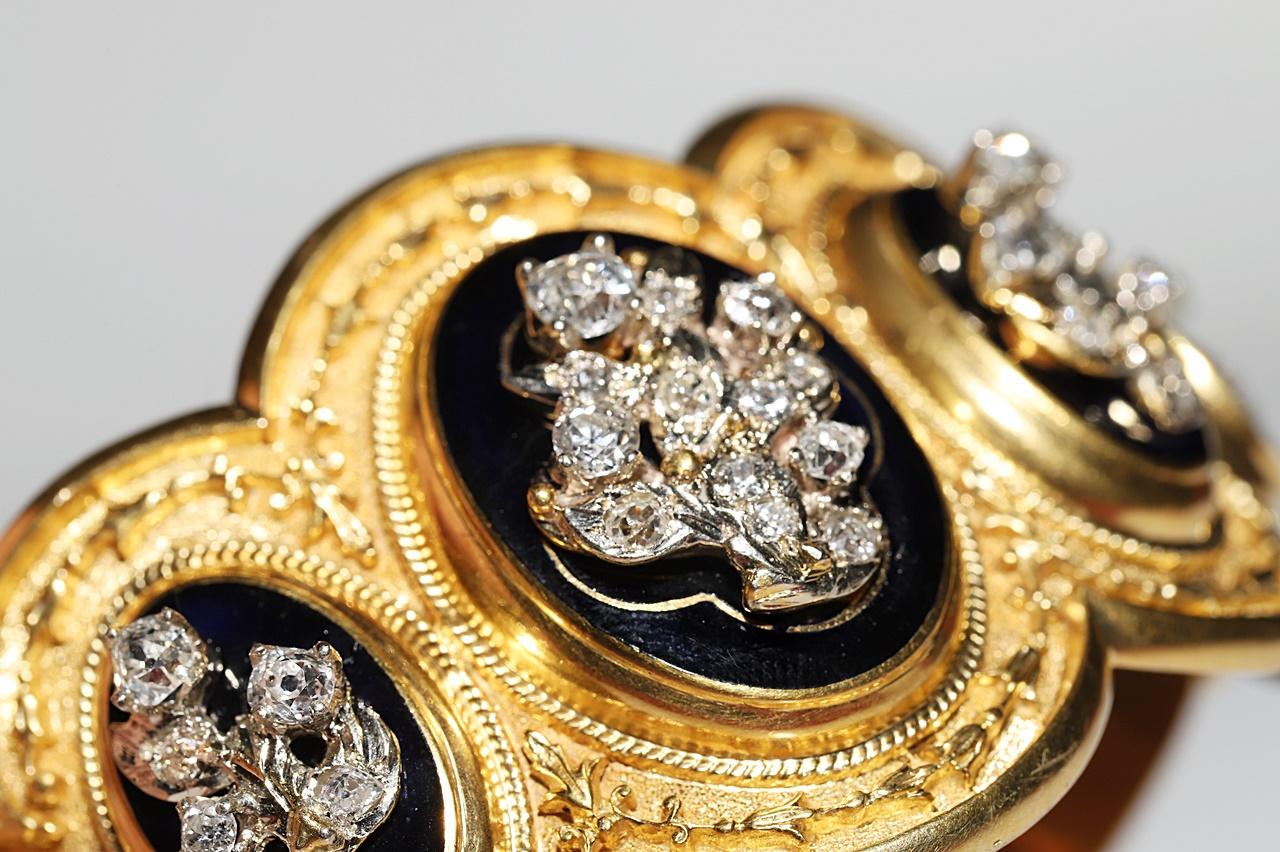 Antique Circa 1900s 14k Gold Natural Old Cut Diamond Decorated Enamel Bracelet  For Sale 5