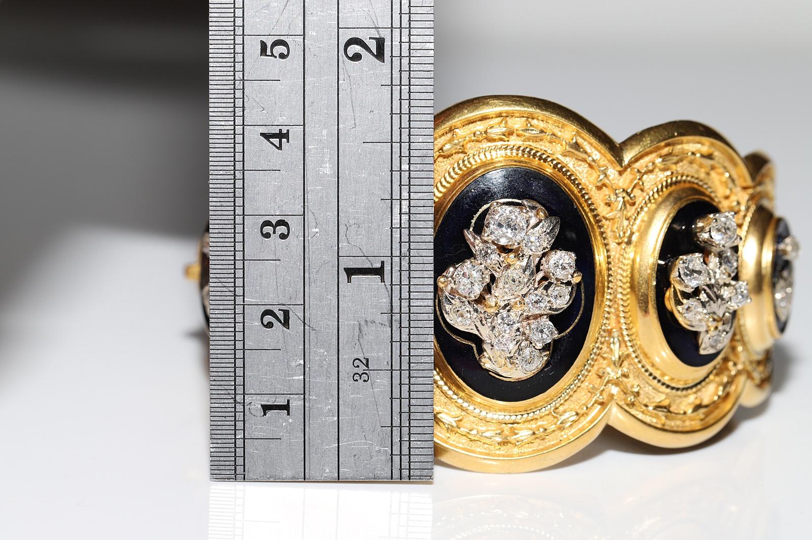 Antique Circa 1900s 14k Gold Natural Old Cut Diamond Decorated Enamel Bracelet  For Sale 6