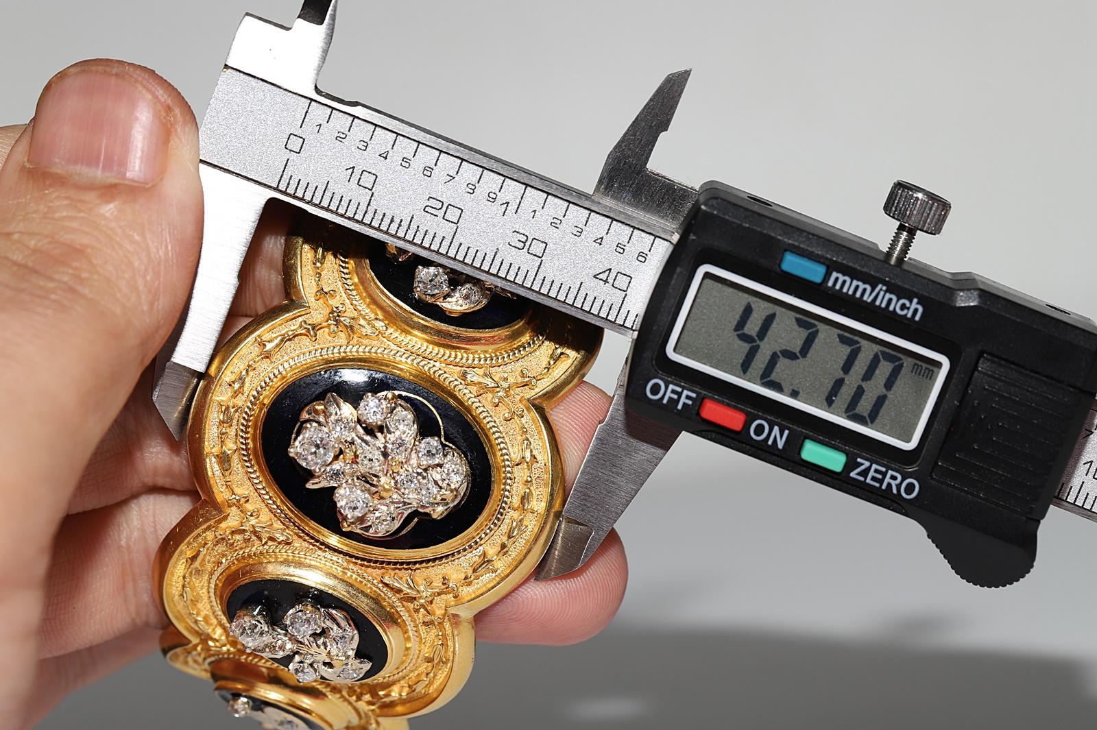 Bracelet ancien des années 1900 en or 14 carats, orné de diamants naturels taille ancienne et d'émail en vente 8