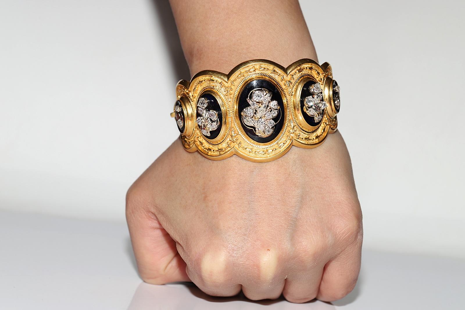 Antique Circa 1900s 14k Gold Natural Old Cut Diamond Decorated Enamel Bracelet  For Sale 12