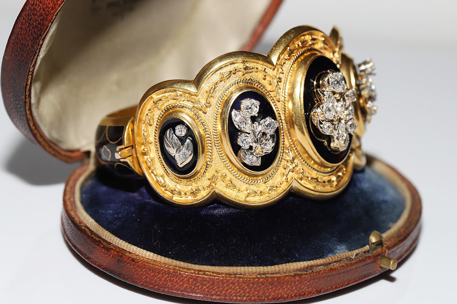 Victorian Antique Circa 1900s 14k Gold Natural Old Cut Diamond Decorated Enamel Bracelet  For Sale