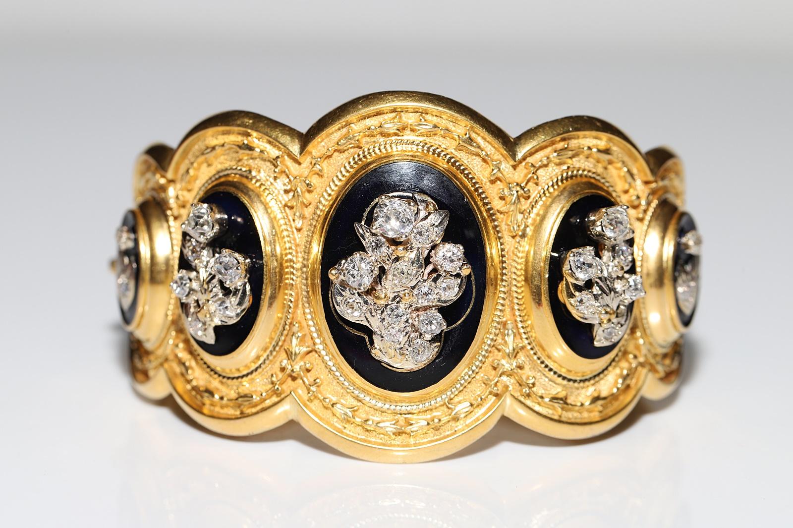 Old Mine Cut Antique Circa 1900s 14k Gold Natural Old Cut Diamond Decorated Enamel Bracelet  For Sale