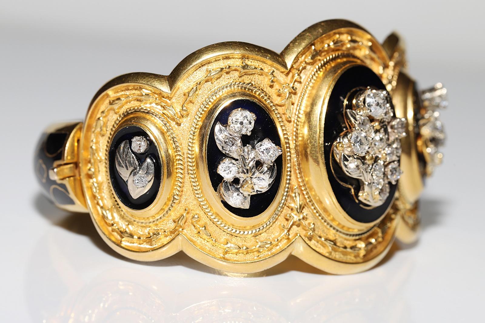 Antikes, dekoratives Emaille-Armband aus 14 Karat Gold mit Diamanten im natürlichen Altschliff, um 1900  im Zustand „Gut“ im Angebot in Fatih/İstanbul, 34