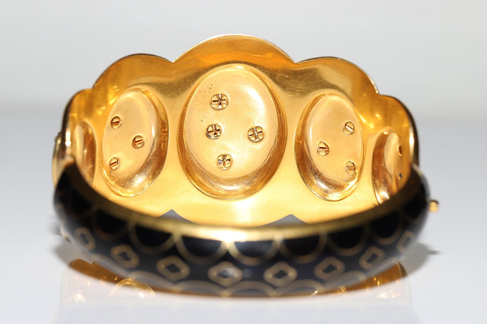 Antique Circa 1900s 14k Gold Natural Old Cut Diamond Decorated Enamel Bracelet  For Sale 1