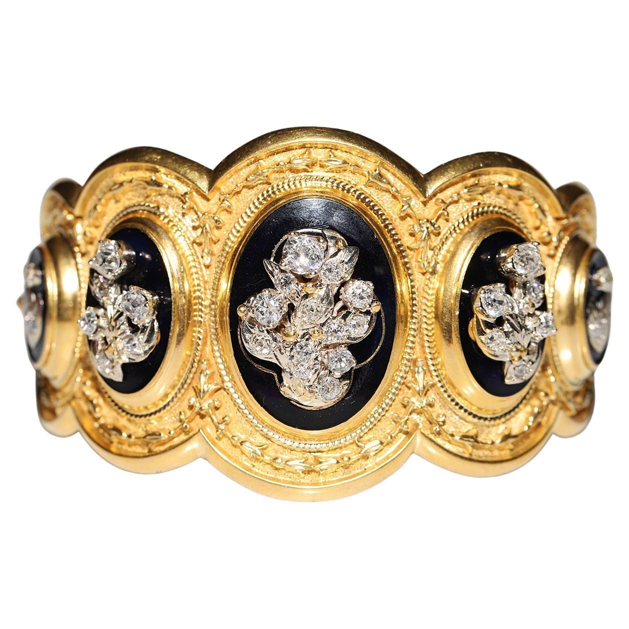 Antique Circa 1900s 14k Gold Natural Old Cut Diamond Decorated Enamel Bracelet  For Sale