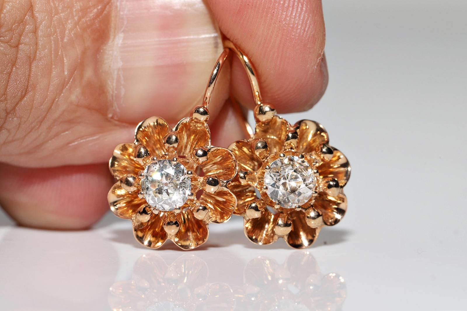 Antique Circa 1900s 14k Gold Natural Old Cut Diamond Decorated Solitaire Earring For Sale 6