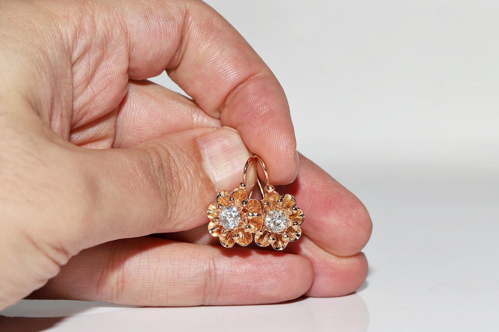 Antiker Solitär-Ohrring, um 1900er Jahre, 14k Gold, natürlicher Diamant im Altschliff, dekoriert 7